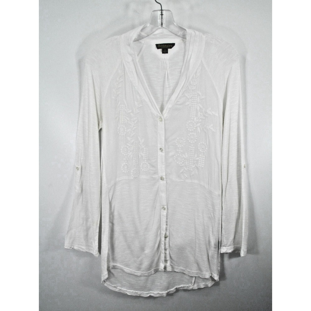 SOLITAIRE Anthropologie Button-Up Blouse Women Small White Floral Embroidery